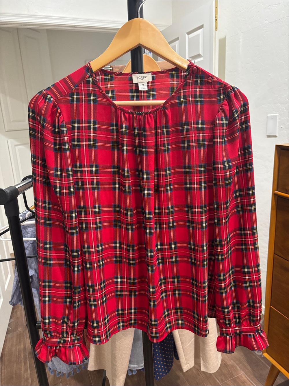 NWOT J. Crew Red Plaid Ruffle Cuff Blouse Size M